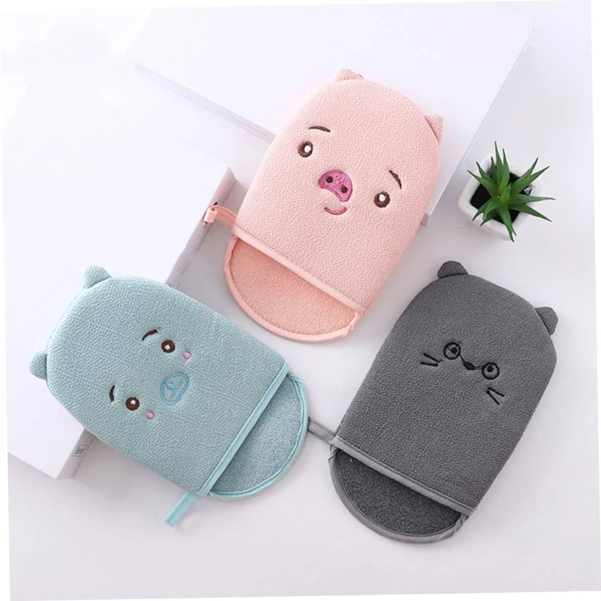 Эксфолиирующие перчатки для душа, Minkissy, набор 9 шт, 23,5x14x1 см, Серый, Голубой, Розовый — фото 2