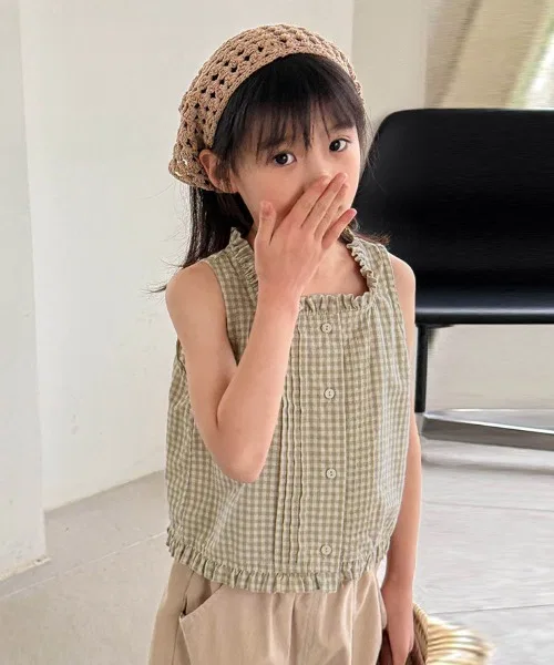 Детская блузка без рукавов с воланами Checkered Frill ONEP STAR, Light Khaki