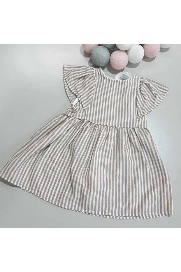 Детское платье для девочек с принтом Line Pattern Bat Sleeve Summer Luxury Sönmez Baby, Khaki