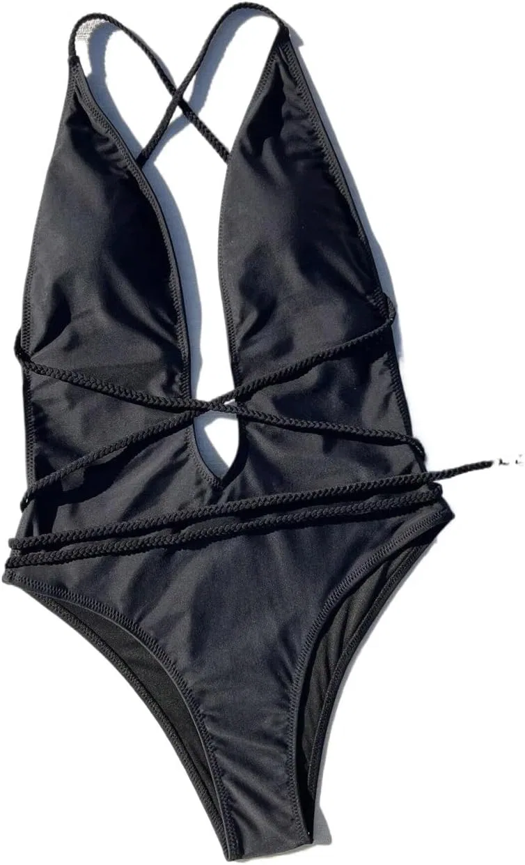 Женский купальник-монокини с перекрестными бретелями Halter, Black