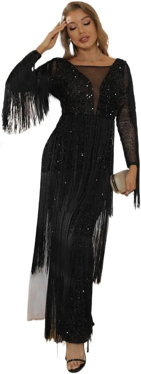 Женское вечернее платье мини с пайетками и кисточками, Black — фото 2