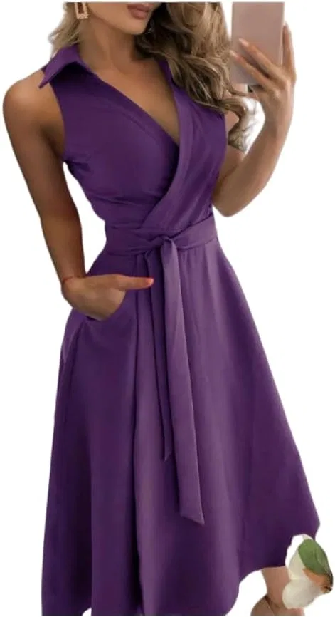 Женское V-образное платье без рукавов с поясом, Purple