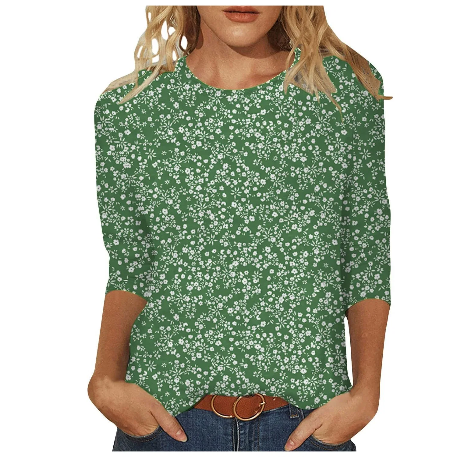 Женская блузка с принтом Plus Size T-Shirts 3/4 Sleeves T-Shirts Summer Round Neck Floral Print Casual Loose Blouses Fashion Thermal Neck, Ag #1