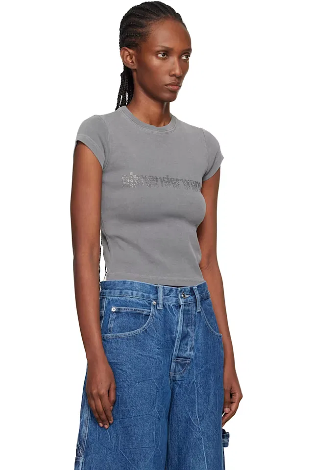 Серая хлопковая мини-футболка Crystal Logo Alexander Wang — фото 2