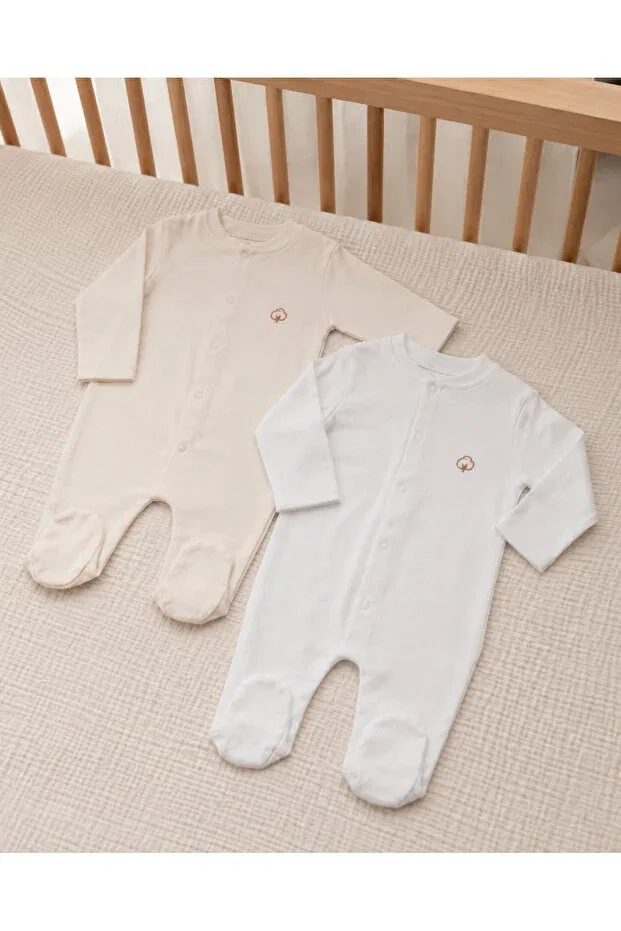 Детский комбинезон для сна хлопковый 2-Piece baby sleep and play jumpsuit with booties and snap fasteners Fyb, Cream-Ecru — фото 4