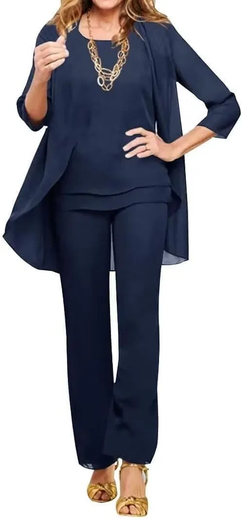 Женский брючный костюм из шифона с жакетом, Navy Blue