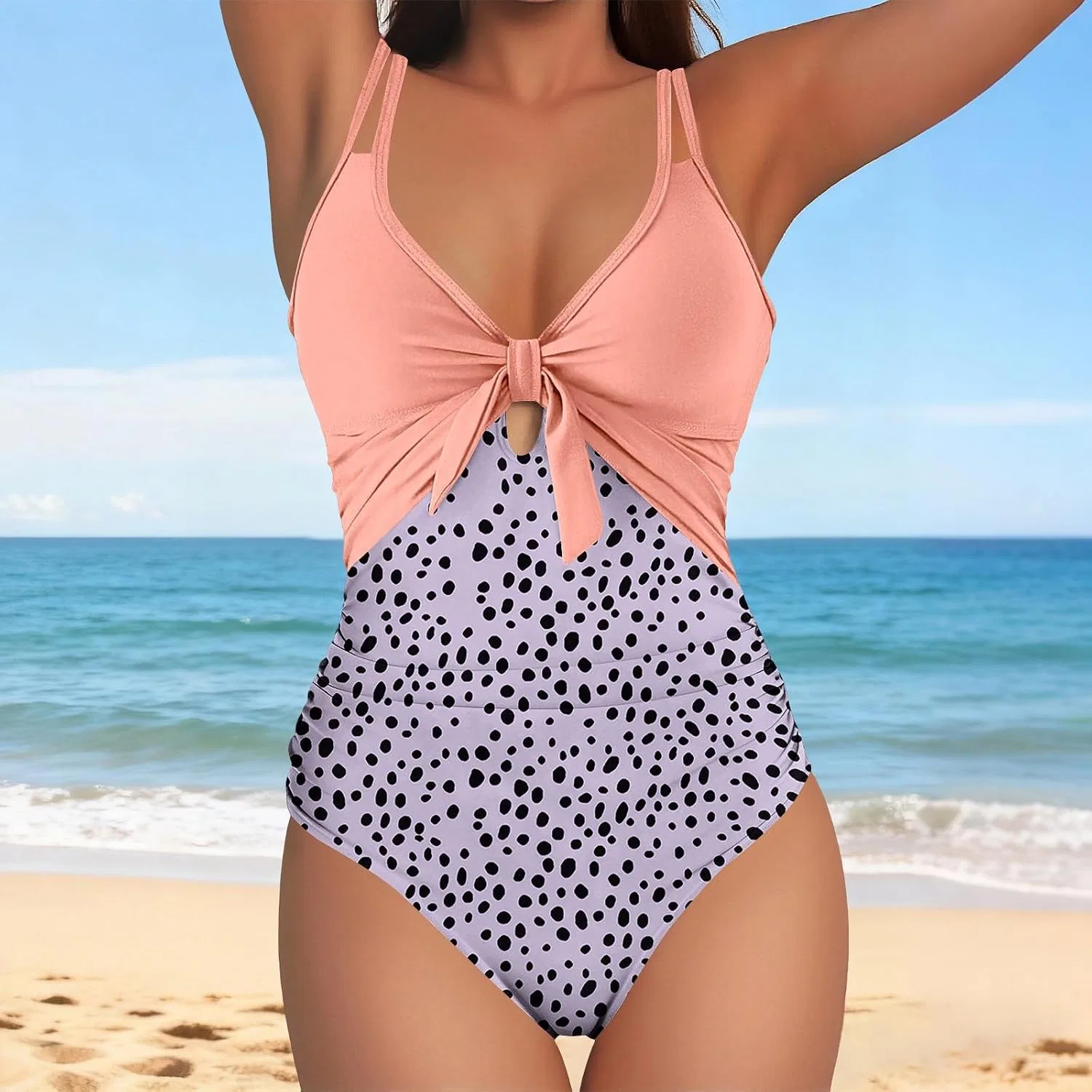 Женский слитный купальник с вырезом и узлом Tankini Swimsuits for Women Two Piece, Pink — фото 2