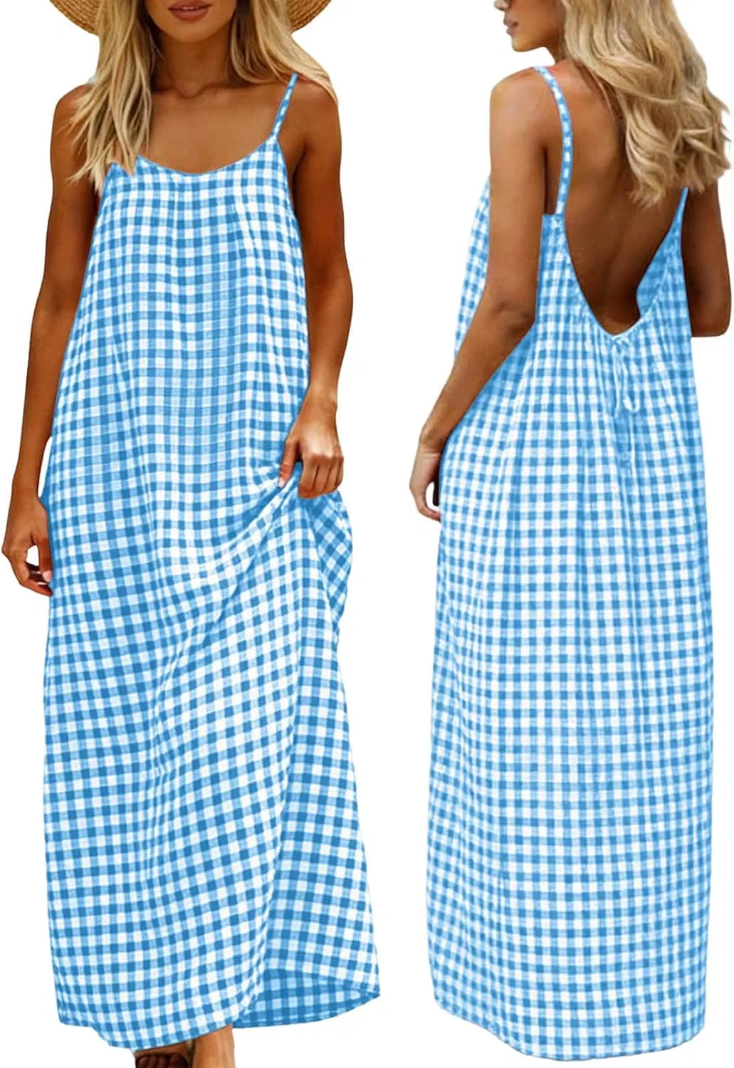 Женское пляжное платье макси на бретелях Cotton Linen, Sky Blue