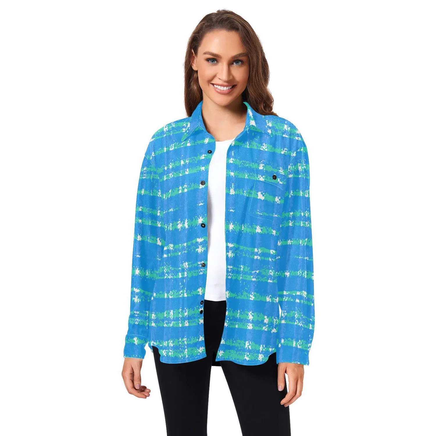 Женская рубашка-куртка с принтом Cool Ocean Plaid, Cool Ocean Plaid Blu