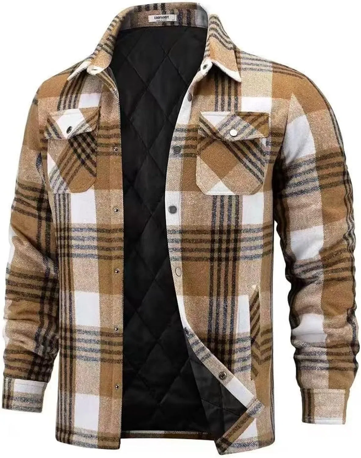 Мужское стеганое флисовое пальто-рубашка с принтом, Khaki Plaid
