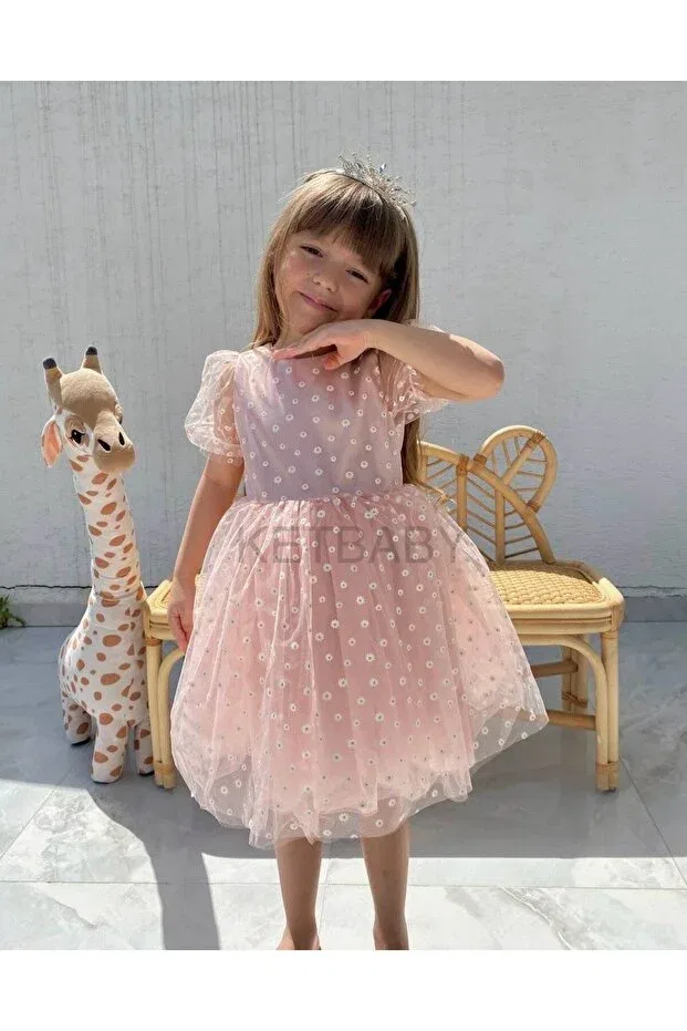 Детское платье для девочек с коротким рукавом Tiny Daisy Patterned Ketbaby, Powder