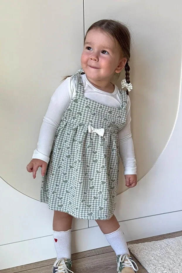 Детское платье для девочек с длинным рукавом Heart & Houndstooth Print Breeze, Mint Green — фото 2