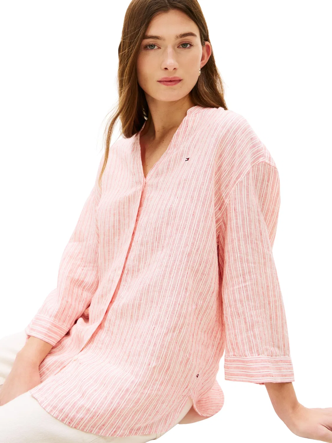 Женская рубашка с длинным рукавом Ess Linen Collarless Tommy Hilfiger, Beige (Chalk Stp Ecru Fireworks) — фото 4