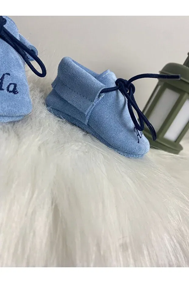 Детские мокасины из замши с именем Betülün Diktikleri, Blue — фото 2