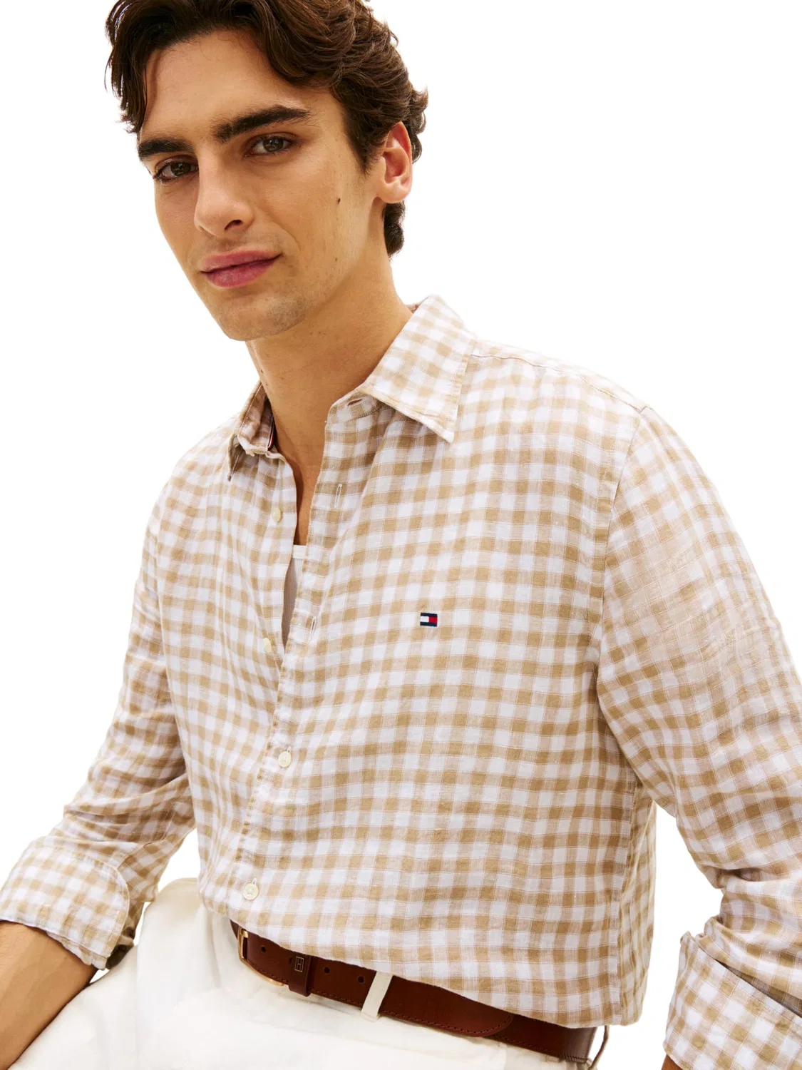 Мужская рубашка с коротким рукавом из льна Tommy Hilfiger, Beige (Sandalwood / Check) — фото 4
