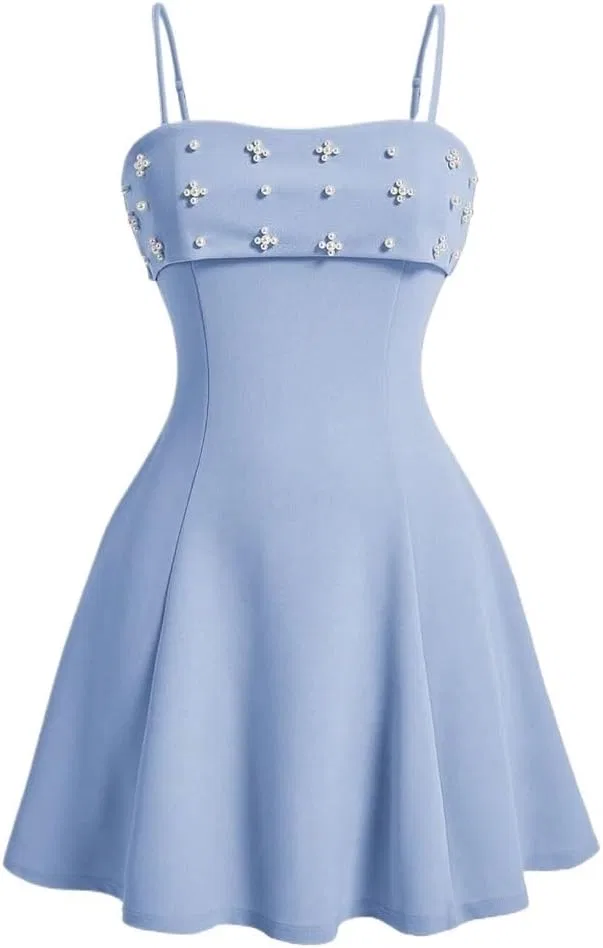 Женское короткое платье на бретельках с бисером Cami, Blue