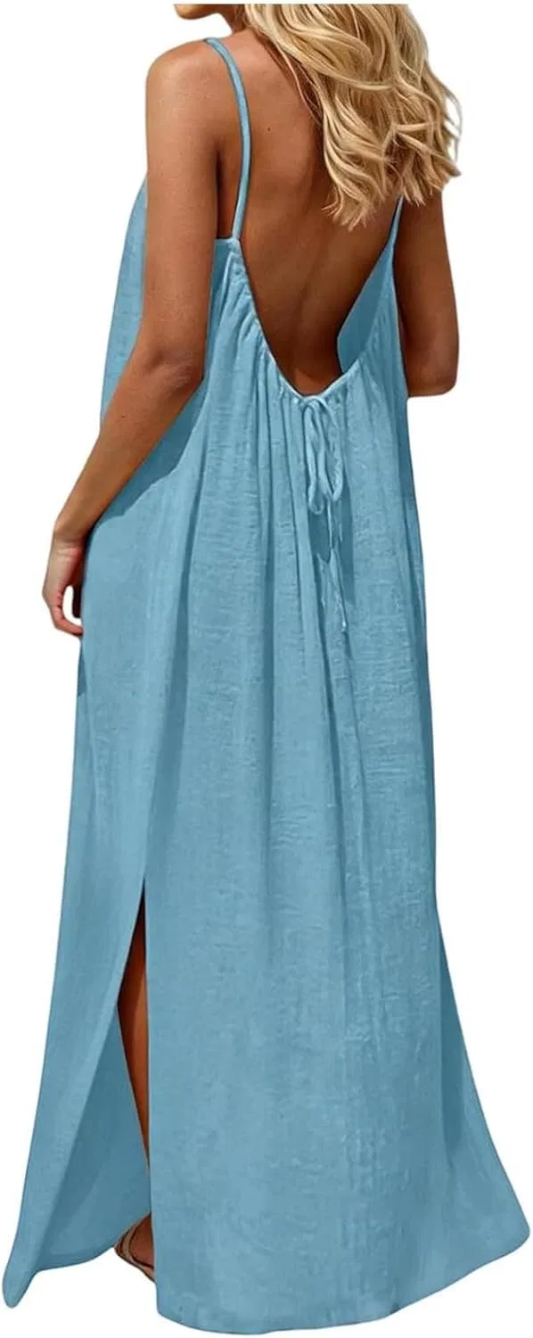 Женское летнее платье с открытой спиной на бретелях, Light Blue