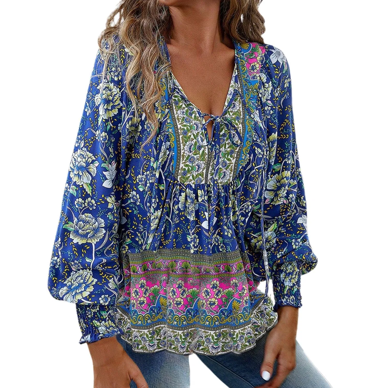 Женская блуза с принтом 1970s Boho Floral Pattern с длинным рукавом, Navy Blue
