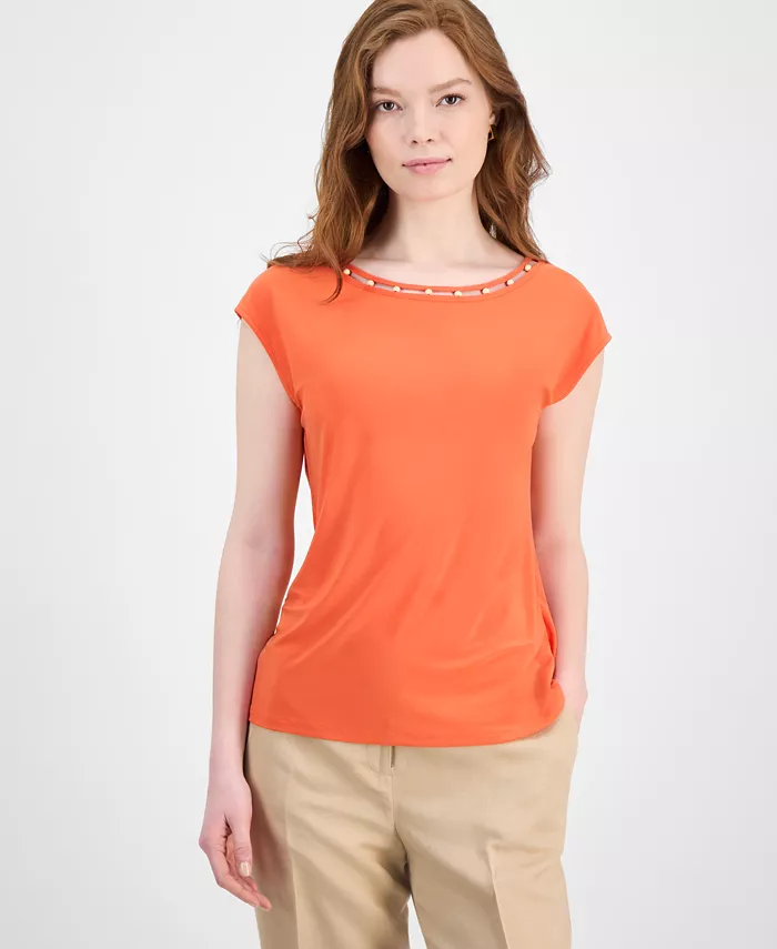 

Женский топ с расширенными плечами и отделкой из бисера, размеры Regular и Petite Kasper, зеленый