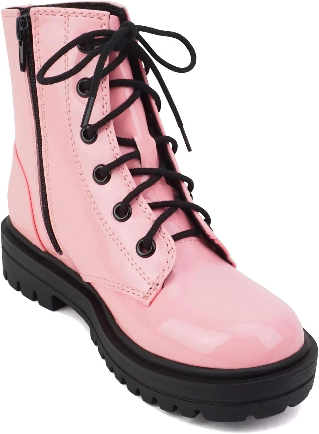 Детские ботинки на шнуровке с молнией из экокожи на тракторной подошве Soda, Pink Patent — фото 4