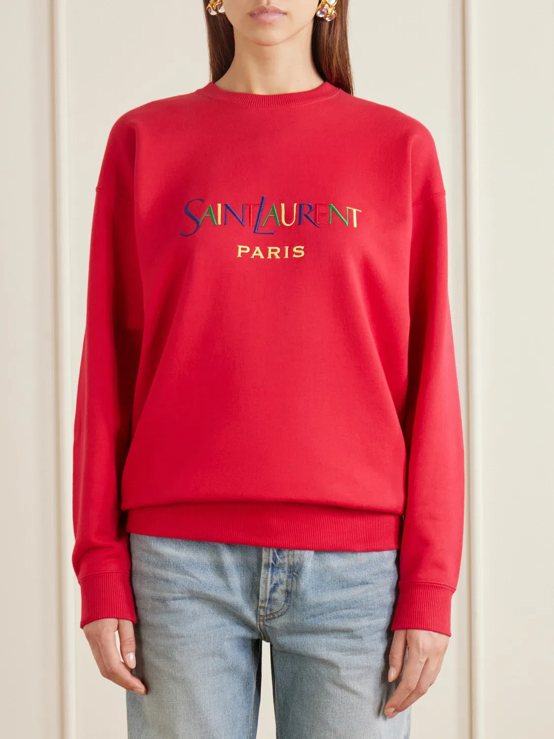 Толстовка из хлопка-флиса с вышитым логотипом SAINT LAURENT, красный — фото 3