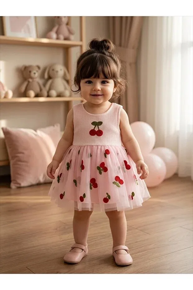 Детское платье для девочек с вышивкой Organic Cotton Cherry Embroidered Tulle Detailed Premium Baby Girl Bodysuit Dress Eradkids, Pink