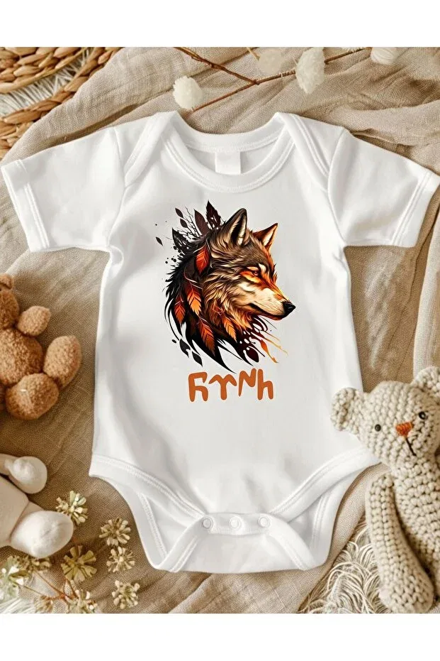 Детское боди для новорожденных с принтом Wolf-Themed Turkish Printed Lupi, Brick Red