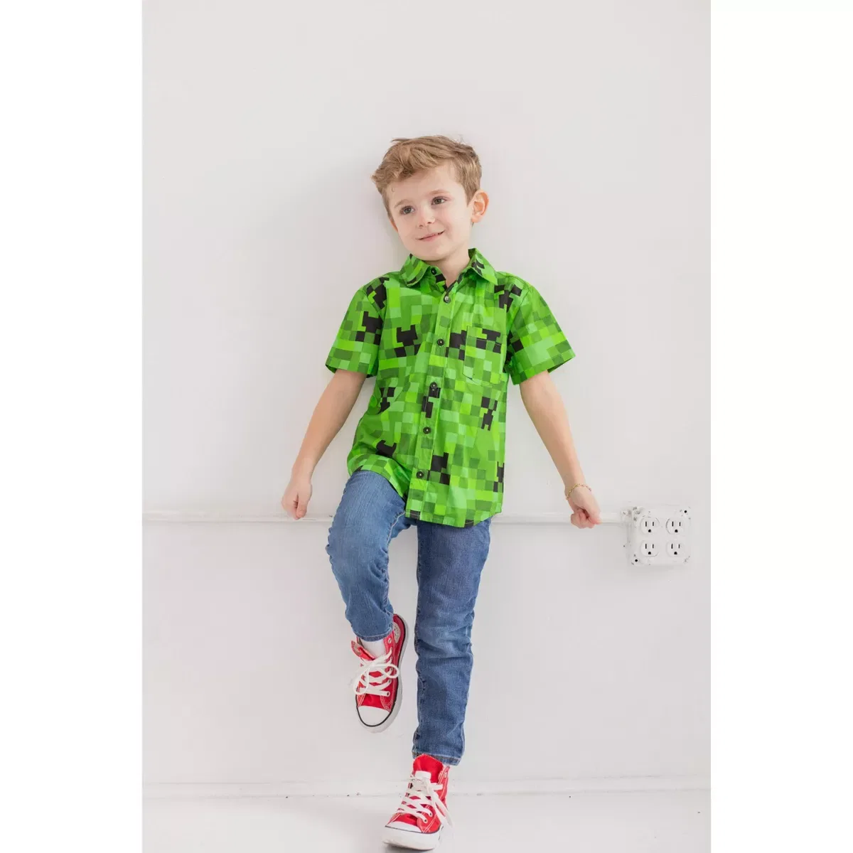Детская рубашка с коротким рукавом с принтом Minecraft Creeper Button Down Dress Shirt Minecraft, Green — фото 2