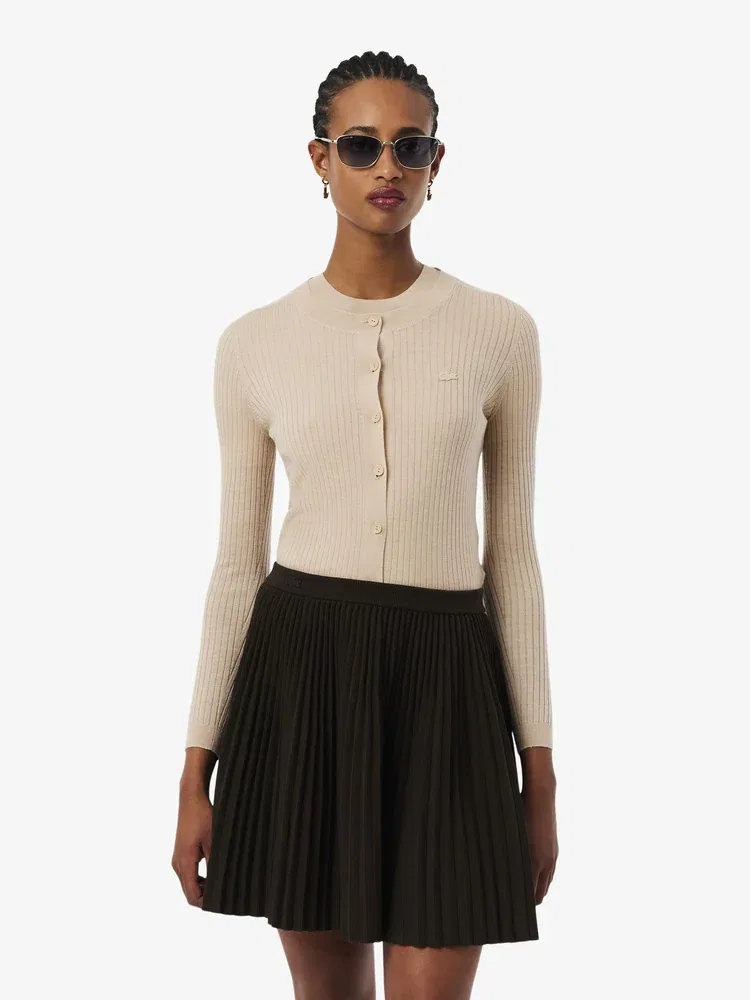 Кардиган LACOSTE Beige из мериносовой шерсти, Ребристый, Бежевый
