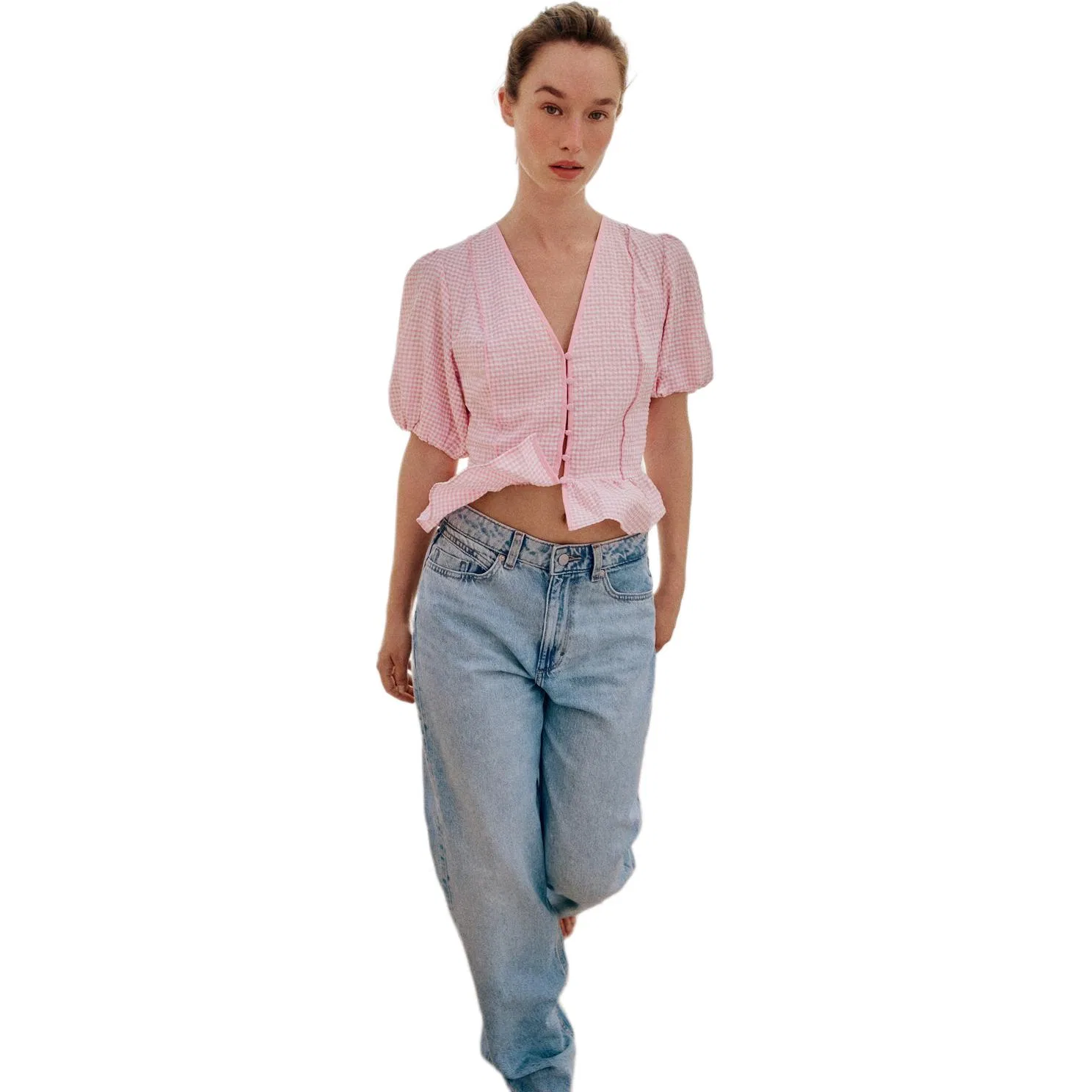 Женская рубашка с V-образным вырезом, свободного кроя, Pink/White, ZARA — фото 4