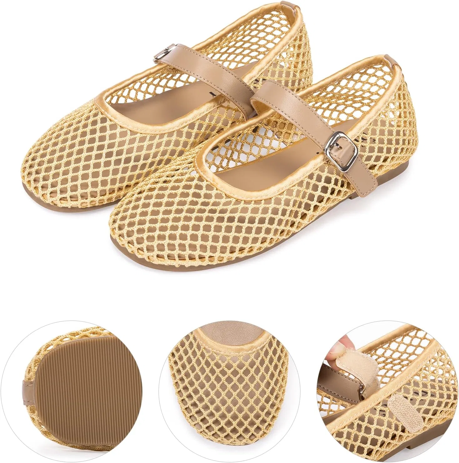 Детские балетки для девочек с пряжкой Frank Mully, Gold/Mesh — фото 3