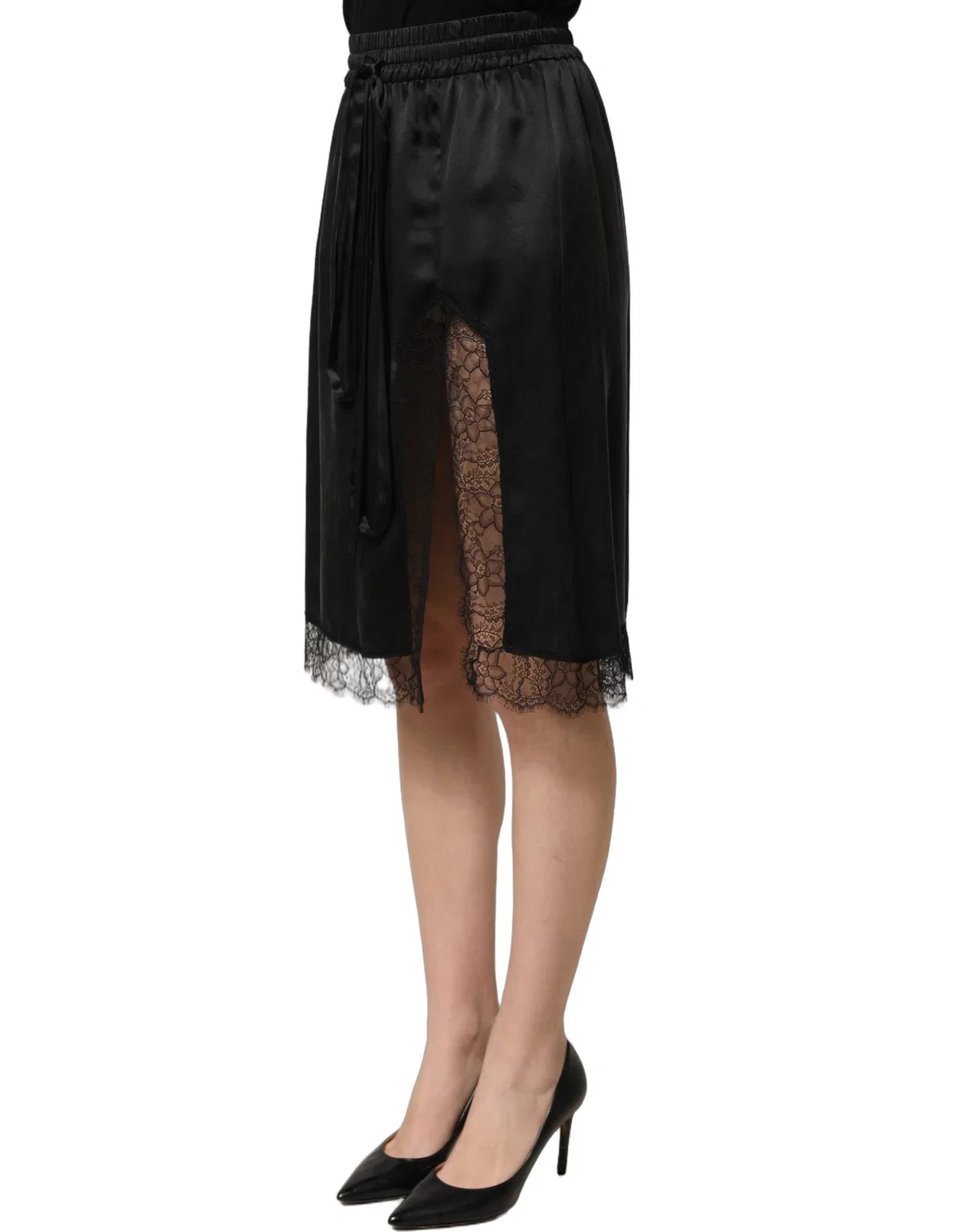 Женская атласная юбка с кружевной отделкой и боковым разрезом Black Lace Trimmed Satin Side Slit Skirt Dolce & Gabbana, черный — фото 4