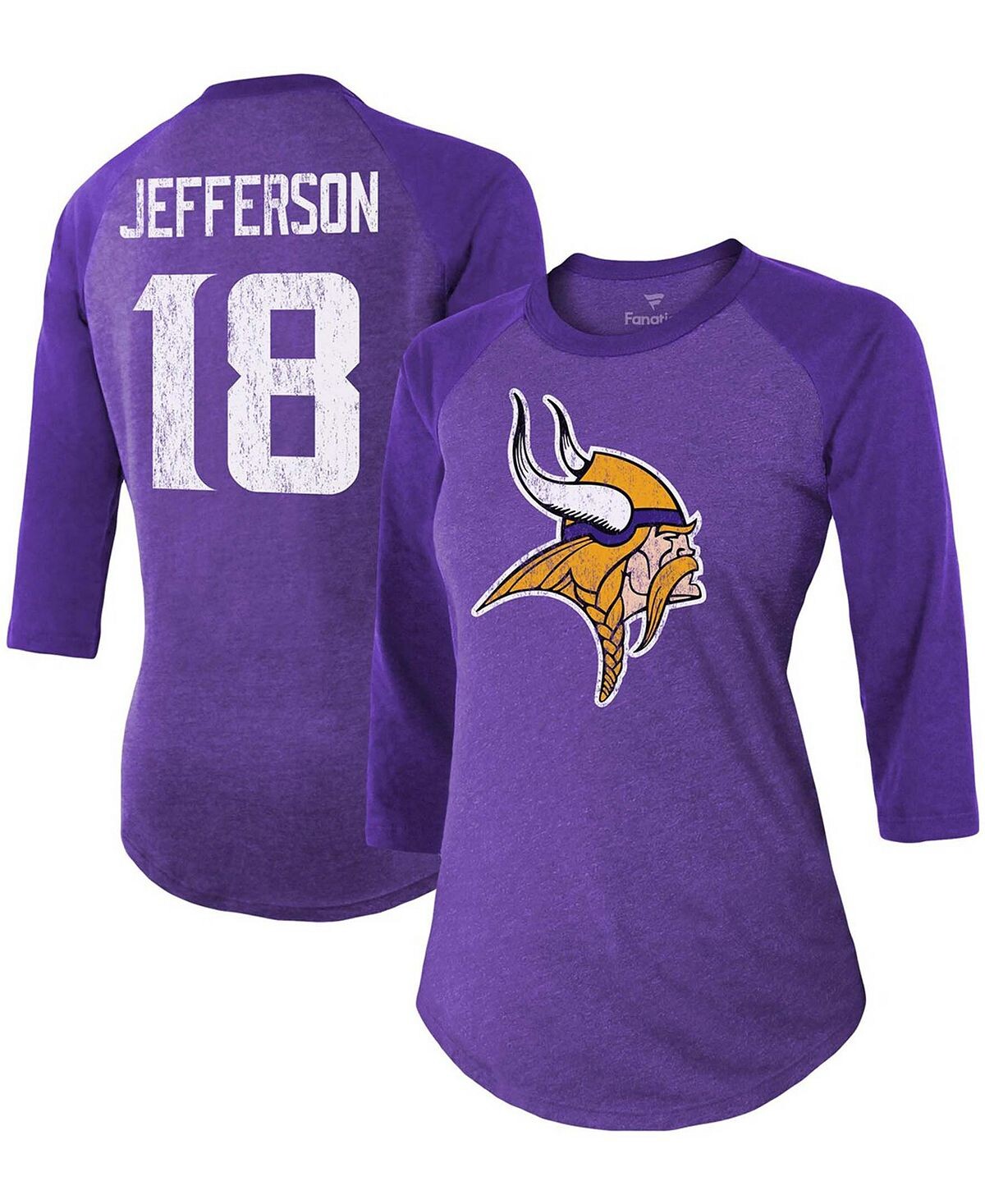 

Женская футболка Justin Jefferson Purple Minnesota Vikings Team, имя игрока, номер, футболка реглан Tri-Blend с рукавами 3/4 Fanatics