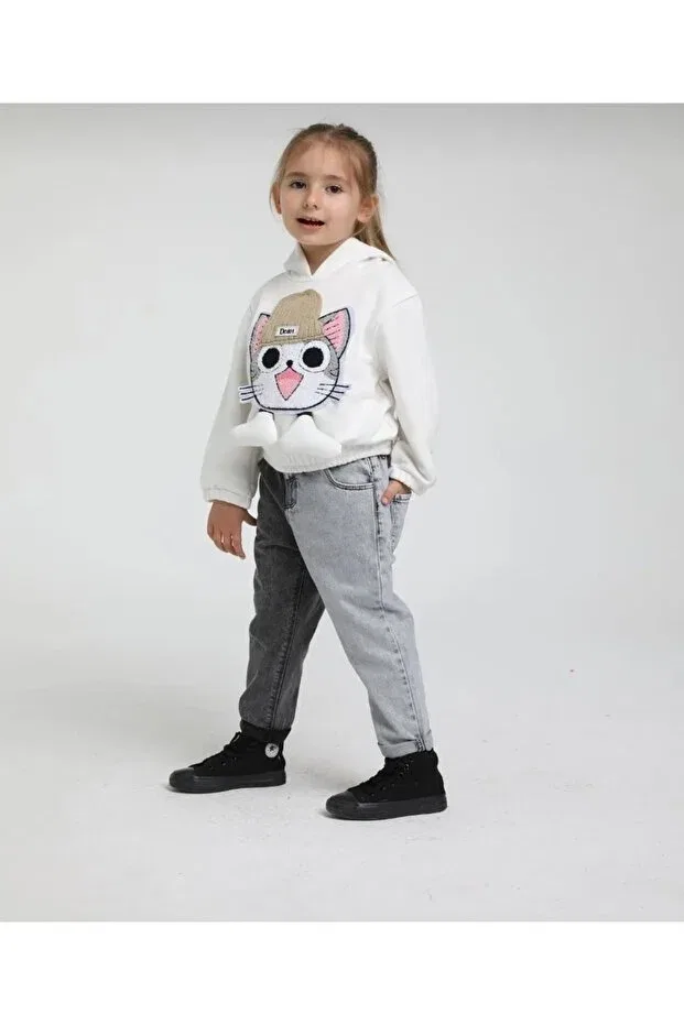 Детское худи для девочек с аппликацией Kitten appliqued hooded sweatshirt Escabel, Ecru