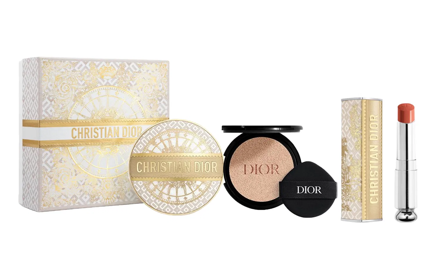 Женский набор для макияжа с тональным кремом и помадой, модель Lock in Cushion Foundation+Enchanting Lipstick Makeup Set, DIOR, Gold Ball Box Limited Edition — фото 4