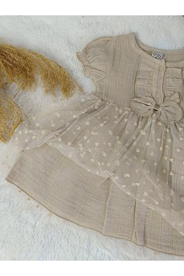 Детское платье для девочек с принтом Tulle Skirt Heart Patterned Camel Muslin Dress Eray, Brown