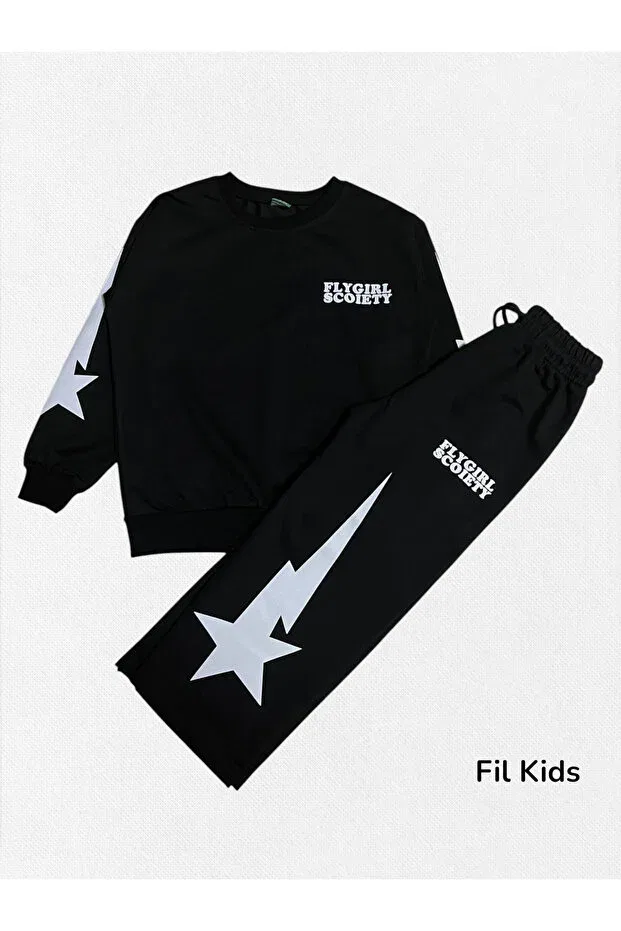 Детский комплект из футера для девочек хлопковый Star Patterned Fil Kids, Black — фото 2