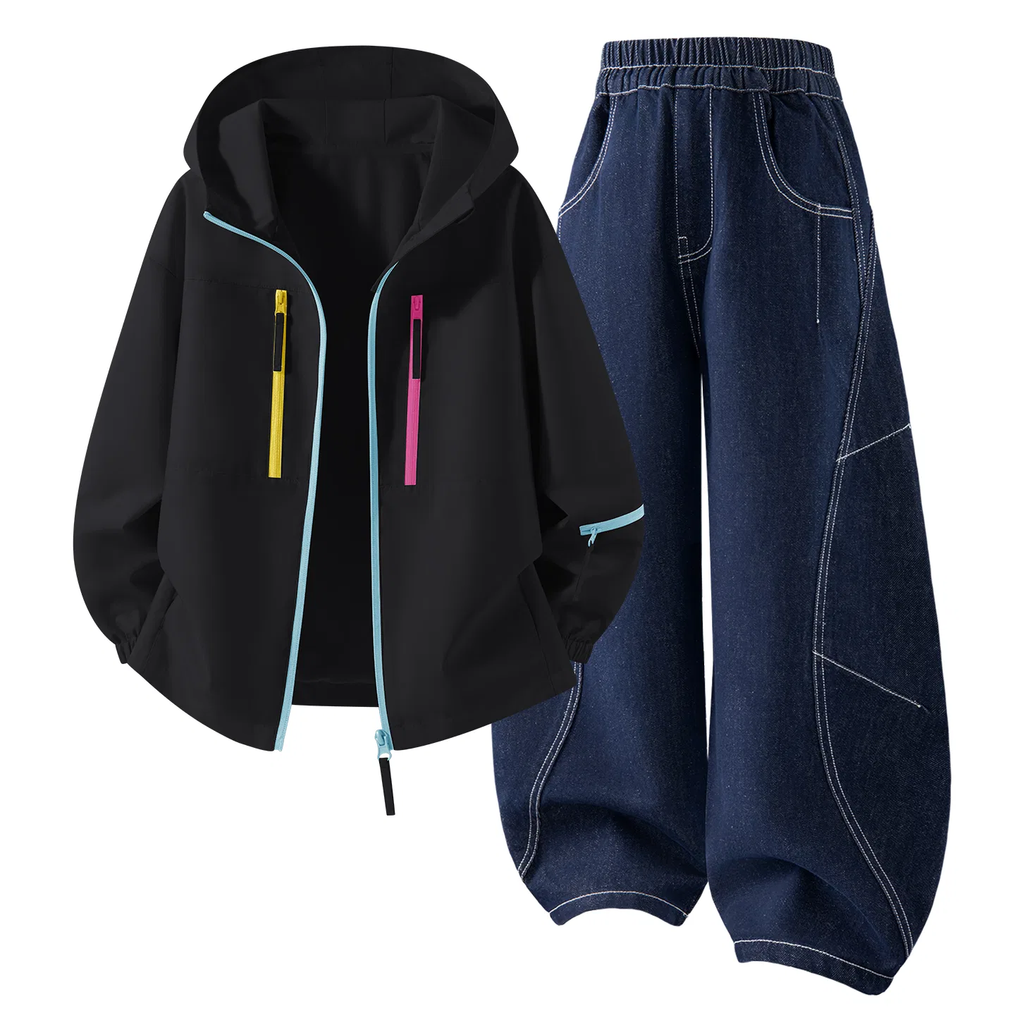 Детский спортивный комплект с капюшоном, ветрозащитный, Disney, Pure Ink Black/Solid Color Dark Blue Denim