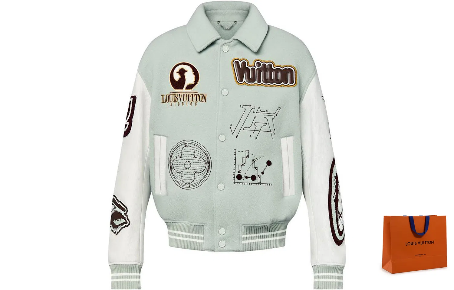 Мужская бейсбольная куртка из кожи с принтом Lv Varsity Leather Blouson LOUIS VUITTON, Green — фото 3