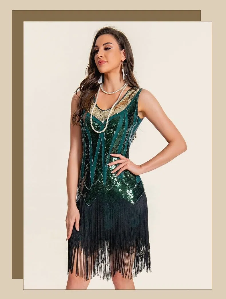 Женское платье вечернее с бахромой, модель Vintage 1920s Style, тёмно-зелёный — фото 3