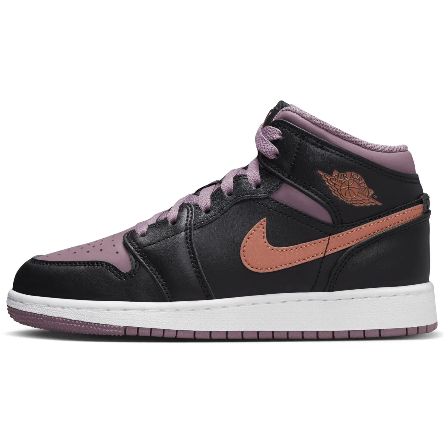 Детские кроссовки для мальчиков Air Jordan 1 Mid Se Big Kids Shoes NIKE, Black Sky J Mauve White Sky J Orange