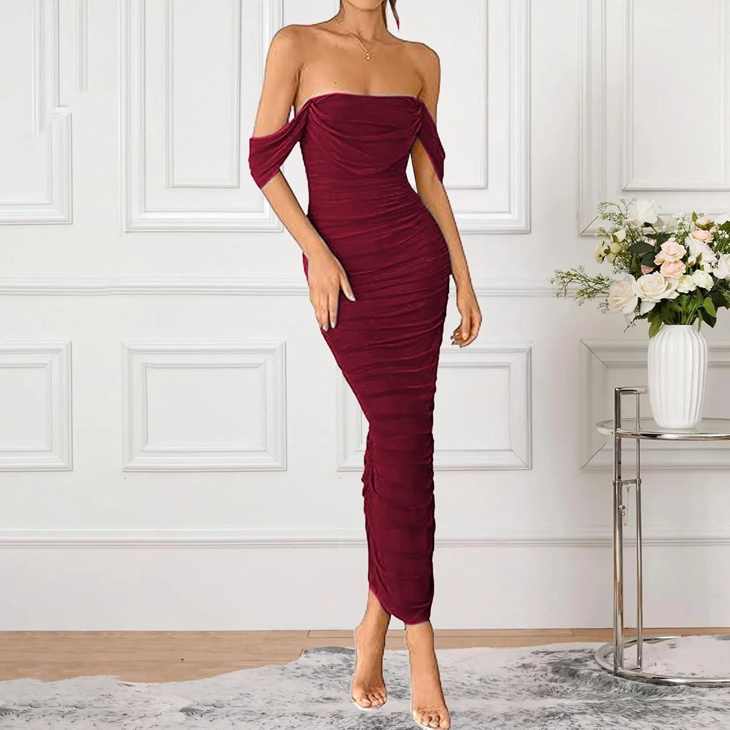 Женское вечернее платье-макси с корсетом и драпировкой, Wine Red — фото 3