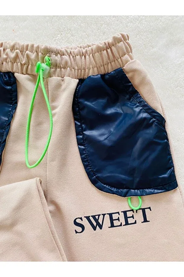 Детские спортивные штаны для девочек с принтом Parachute pocket detailed unisex baby and child single sweatpants Bediş Baby Clothes, Stone — фото 2
