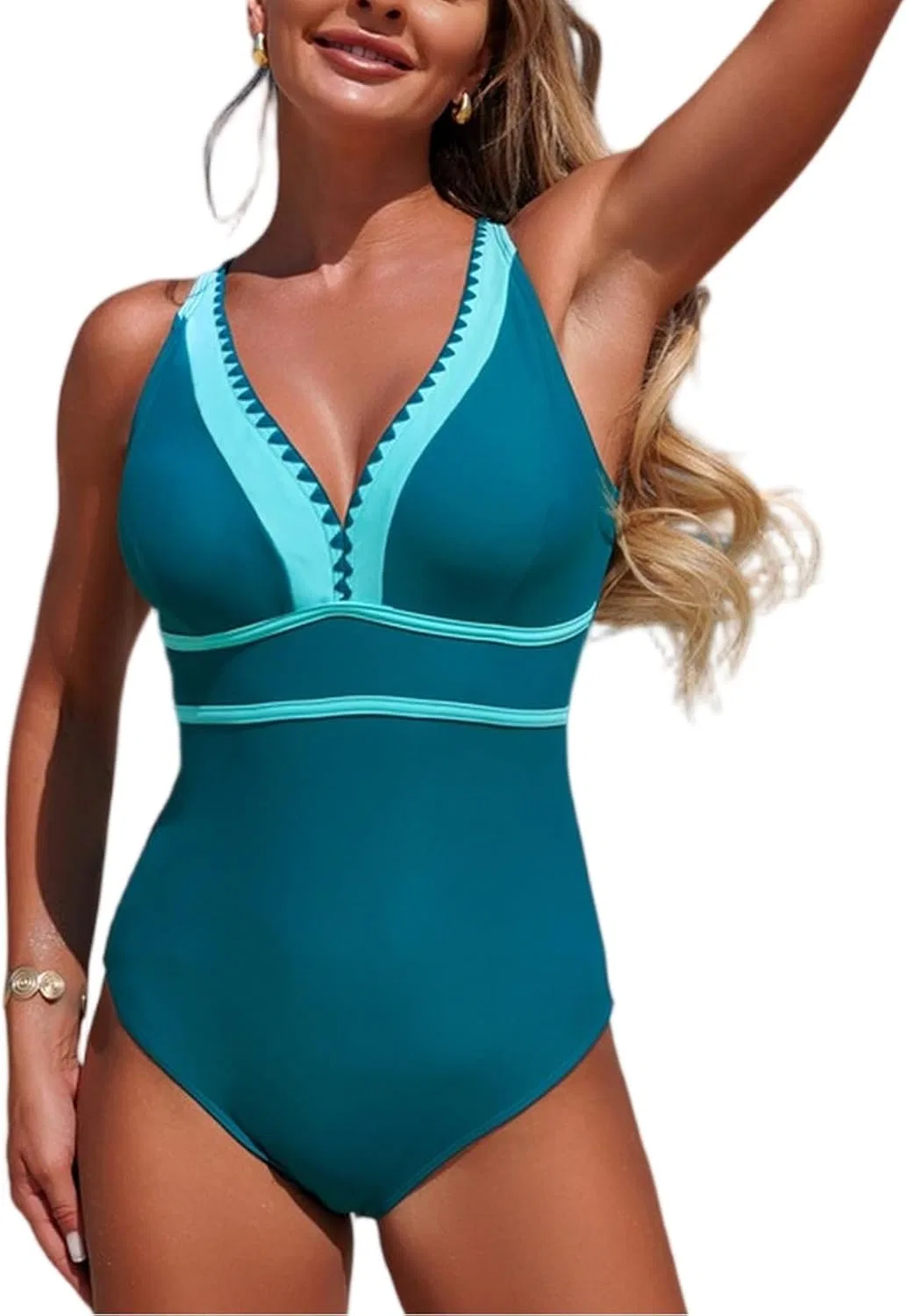 Женский цельнокроеный купальник с цветовыми блоками, Turquoise