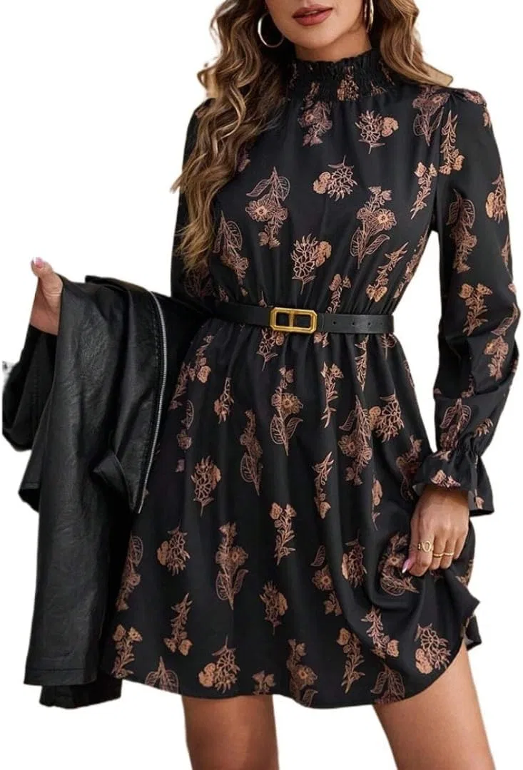 Женское повседневное платье с цветочным принтом, Black Floral