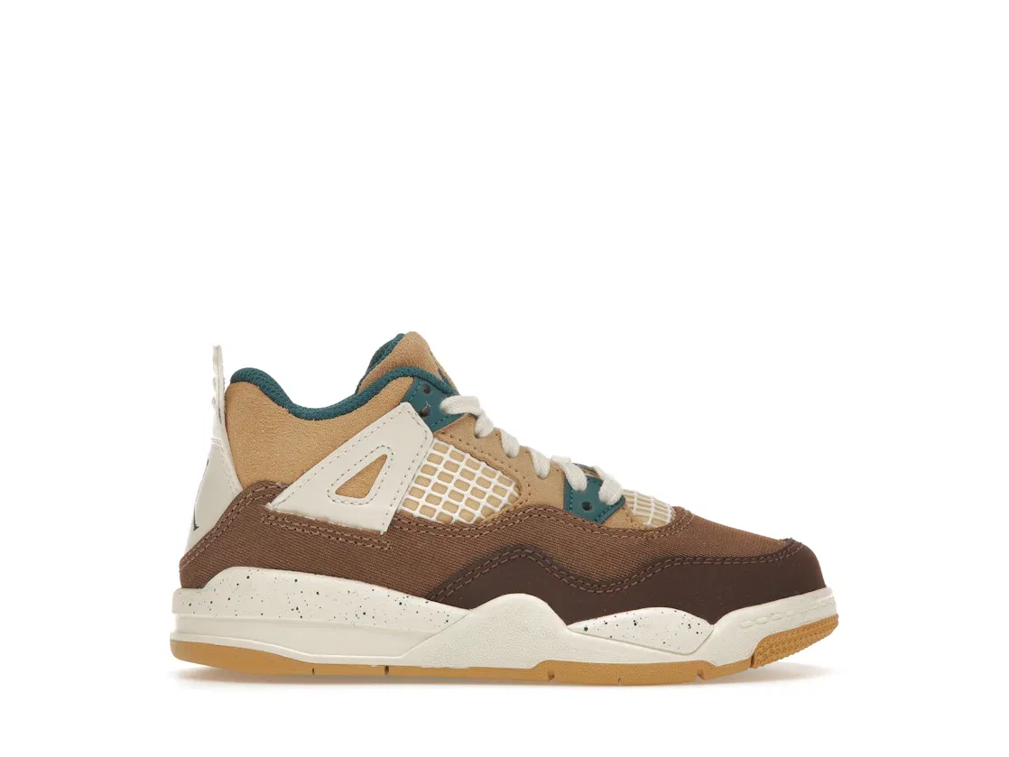 Детские кроссовки Lifestyle с контрастными акцентами Jordan 4 Retro, Cacao Wow/Geode Teal/Ale Brown/Twine/Sail/Luminous Green
