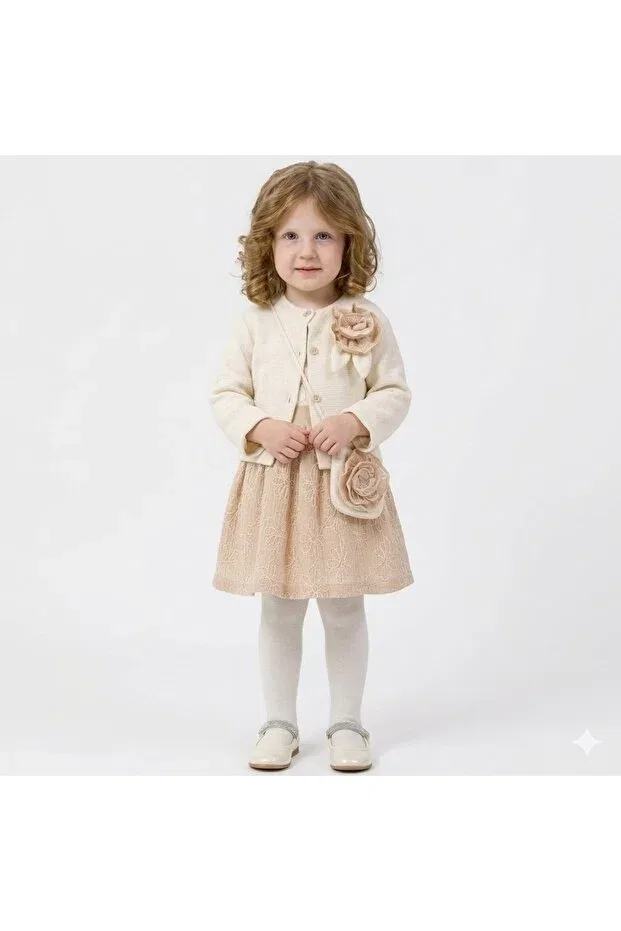 Детский комплект для новорожденных из муслина Rose Muslin Embroidered Skirt and Cardigan Set Minikincibaby, Beige