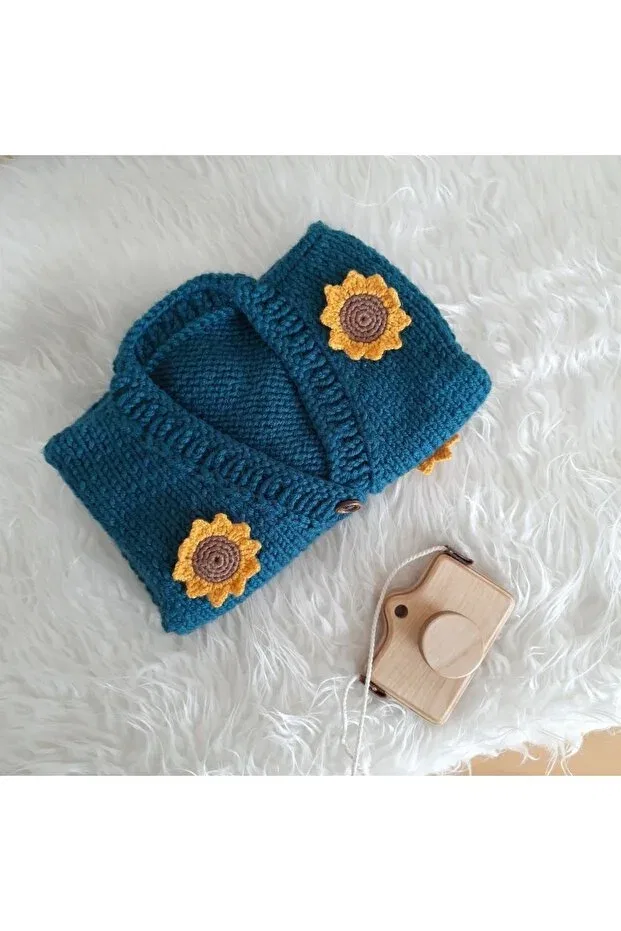 Детский кардиган с принтом Sunflower crop cardigan - hand knitted cardigan Kanguby, Oil Blue — фото 3