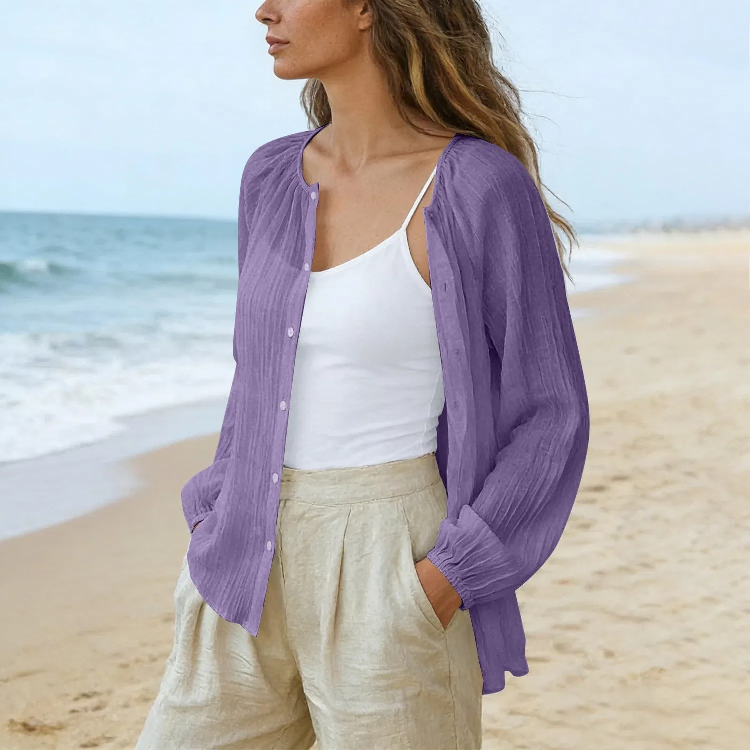 Женская блузка из хлопка и льна с длинным рукавом, Purple — фото 3