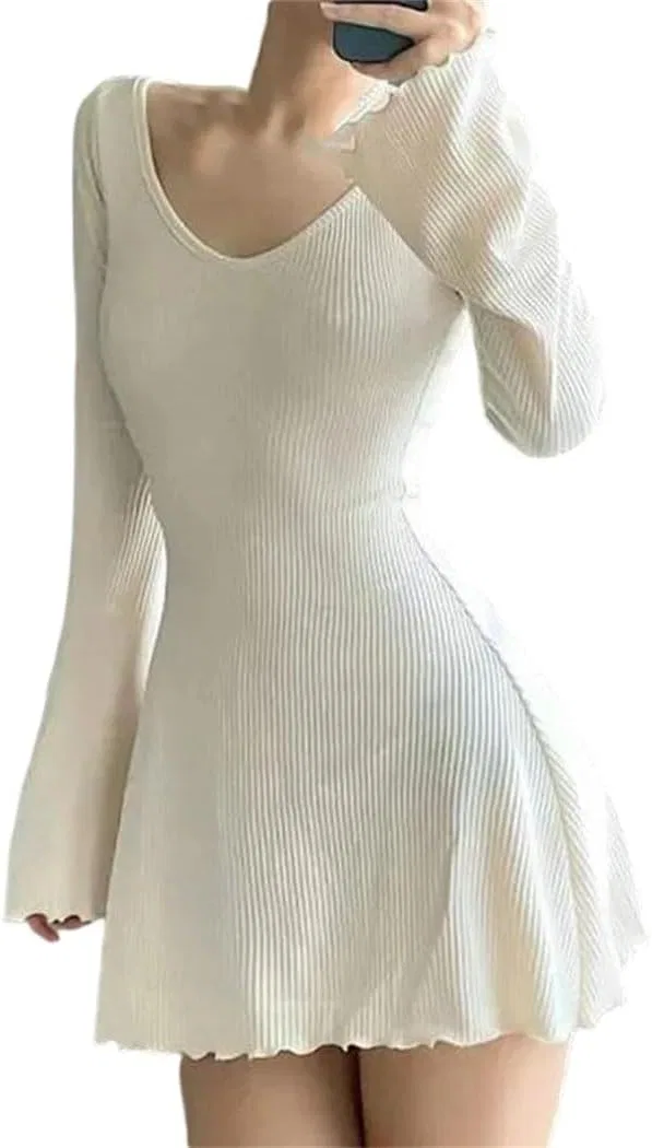 Женское slim A-line платье с длинным рукавом, White
